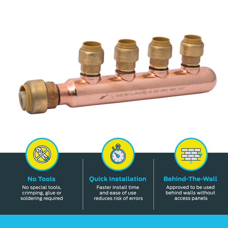 SharkBite 3/4 Inch x 1/2 Inch Outlet 4 Port Closed Multi-Port Tee, Push to Connect Brass Plumbing Fittings, PEX Pipe, Copper, PVC, 25555LF - Image 3